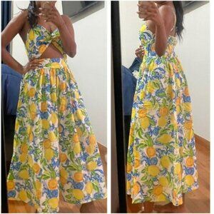 SHEIN Boho Lemon Print Smocked Midi Dress Size S